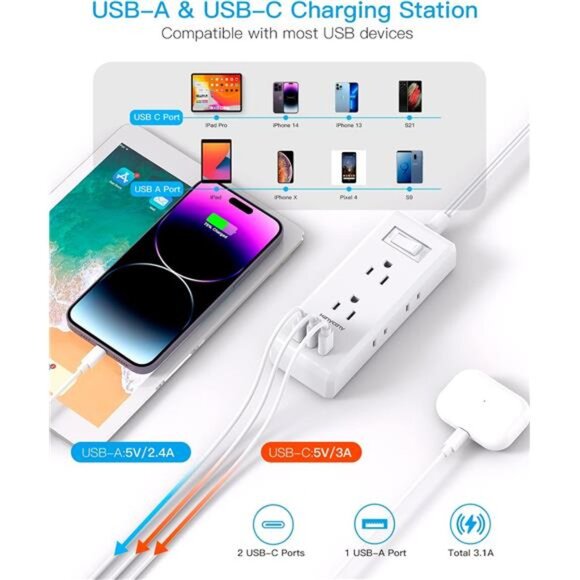 Flat Plug Power Strip, Ultra Thin Extension Cord, 6 Outlets 3 USB Ports(2 USB C) - Picture 3 of 8